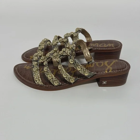 Sam Edelman Gold Studded Sandals Snake-Print Women’s SZ 9 Leather Strappy Flats - Picture 3 of 8